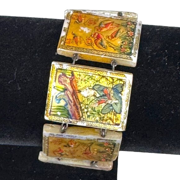 Sterling Silver & Mother of Pearl Hand Painted Panel Bracelet Birds Storyteller - Picture 2 of 16